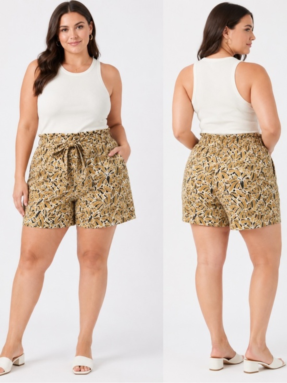 Tropical Leaf Print Shorts - Mustard Tan and Black XXL DR2 High Waist